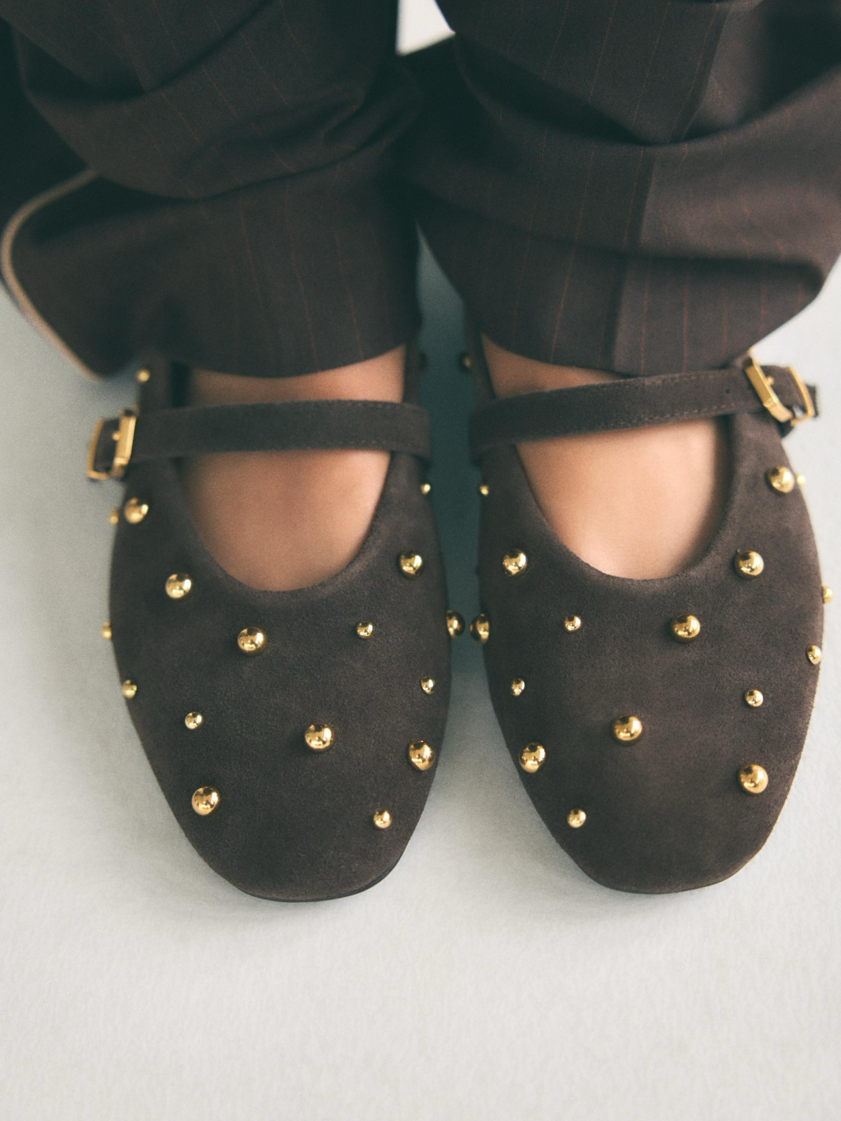 Brown Faux Suede Round-Toe Studded Mary Janes Ballet Flats