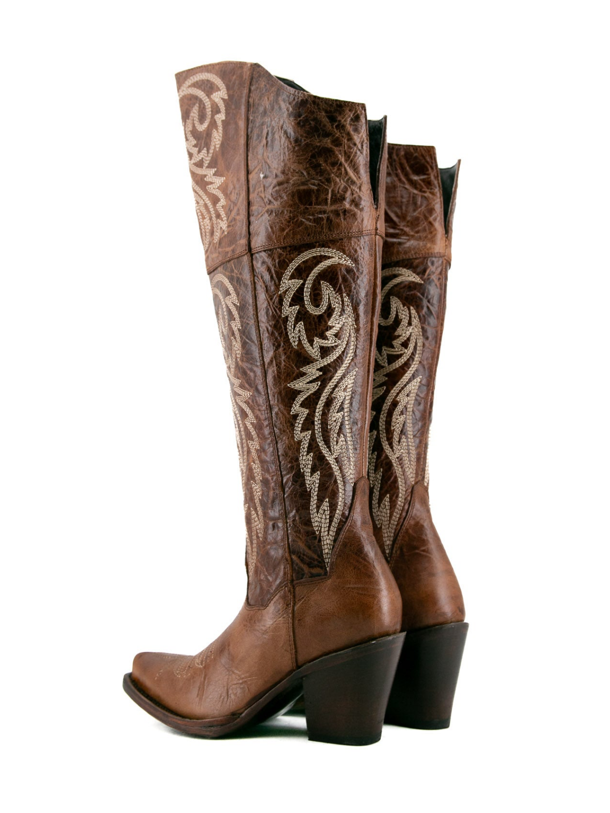 Distressed Snip-Toe Embroidery Tall Half-Zip Knee High Cowgirl Boots - Camel