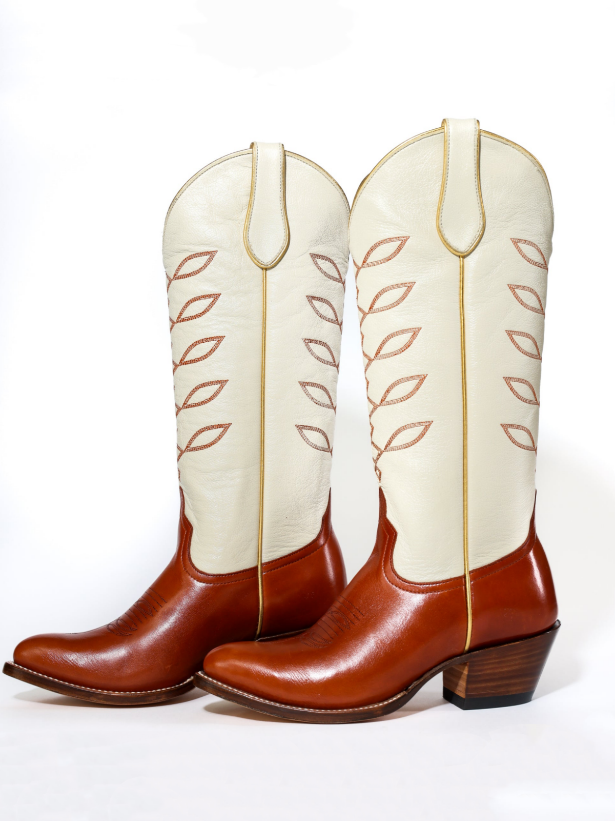 Contrast Cream And Burnt Orange Almond-Toe Embroidery Wide Mid Calf Tall Cowgirl Boots