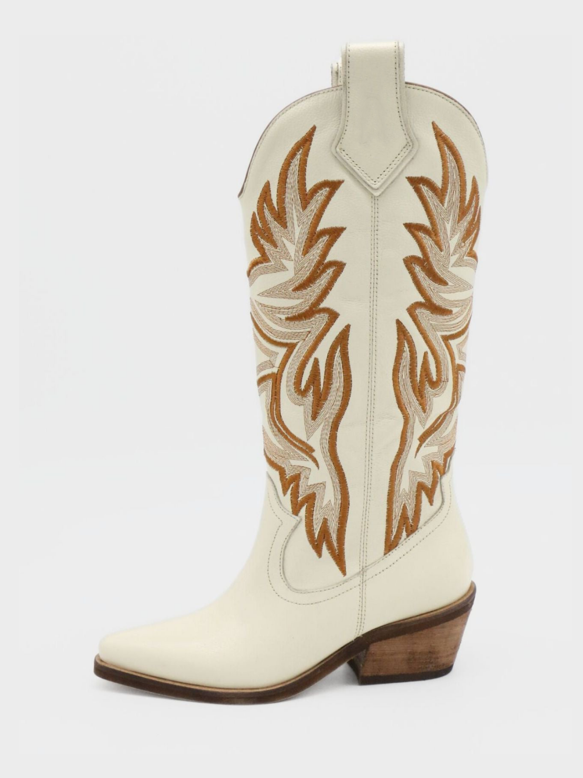 Ivory Vegan Leather Snip-Toe Embroidery Wide Mid Calf Tall Cowgirl Boots