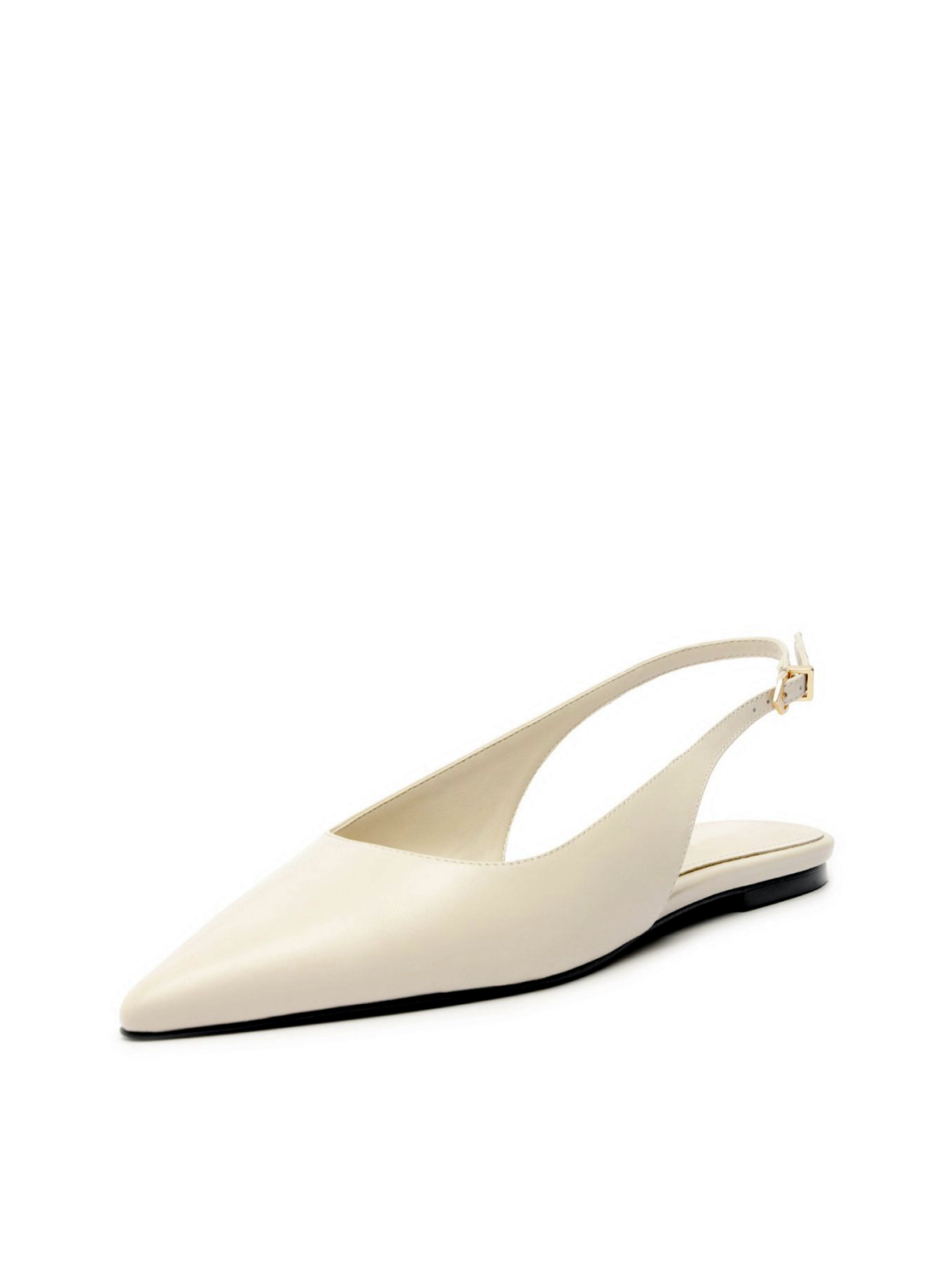 White Vegan Leather Pointy Flats Slingbacks With Buckled Back Strap