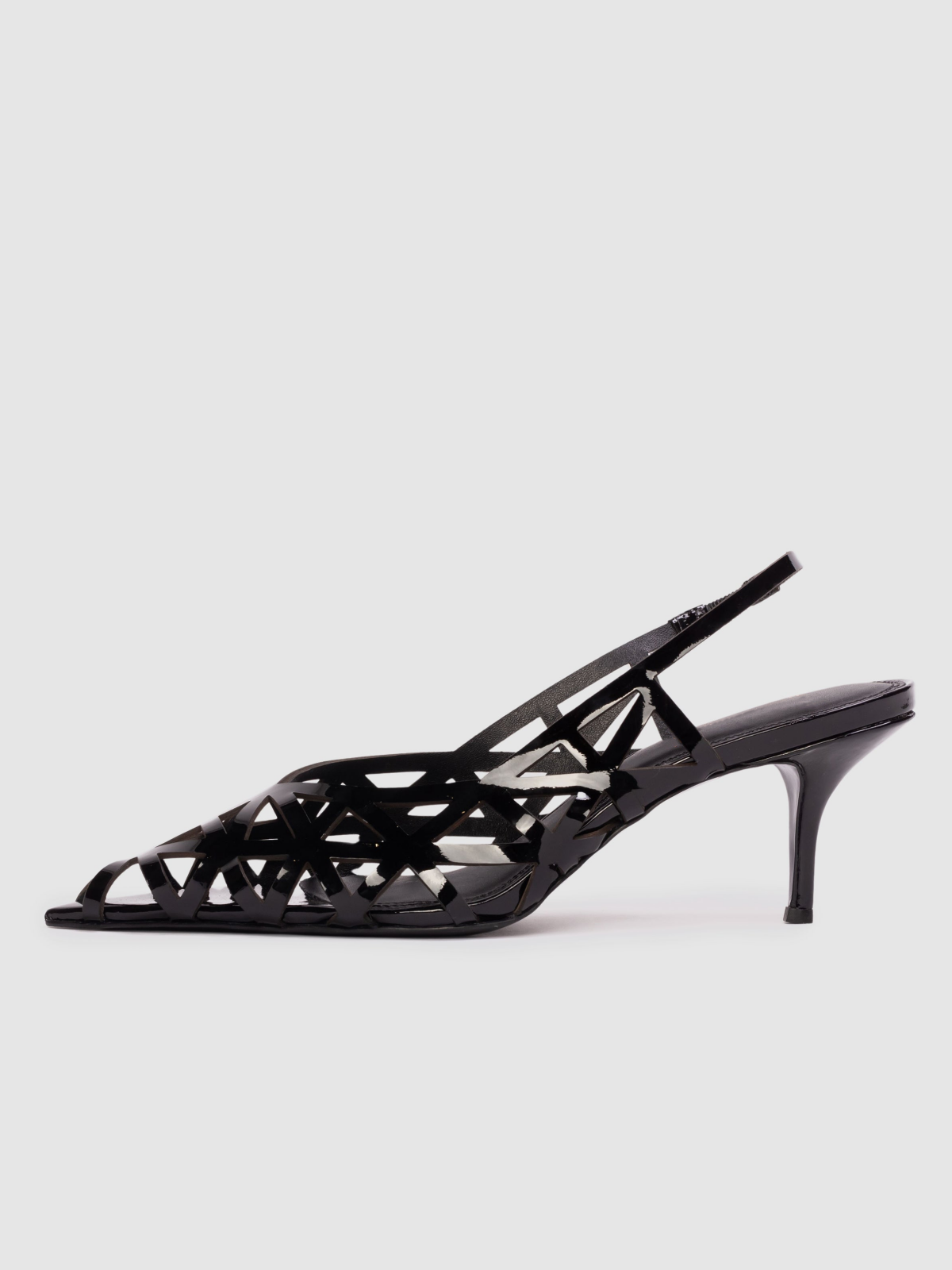 Patent Black Pointed-Toe Laser-Cut Slingback Pump Kitten Heels