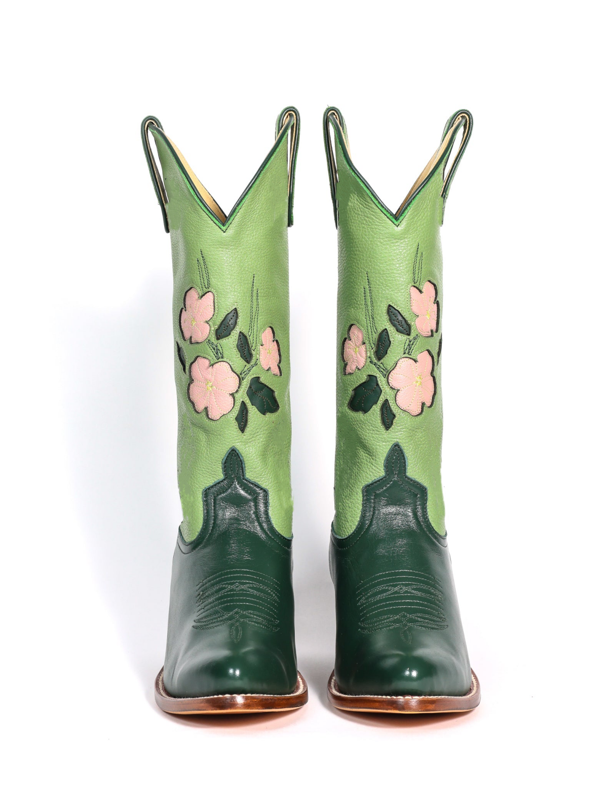 Contrast Green And Brown Almond-Toe Fresh Flower Inlay Wide Mid Calf Cowgirl Boots