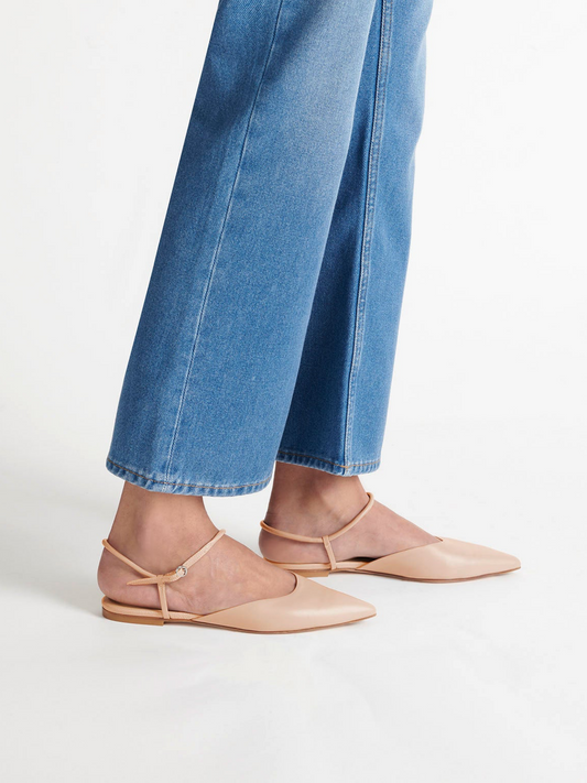 Light Peach Pointed-Toe Vegan Leather Flats With Ankle Strap