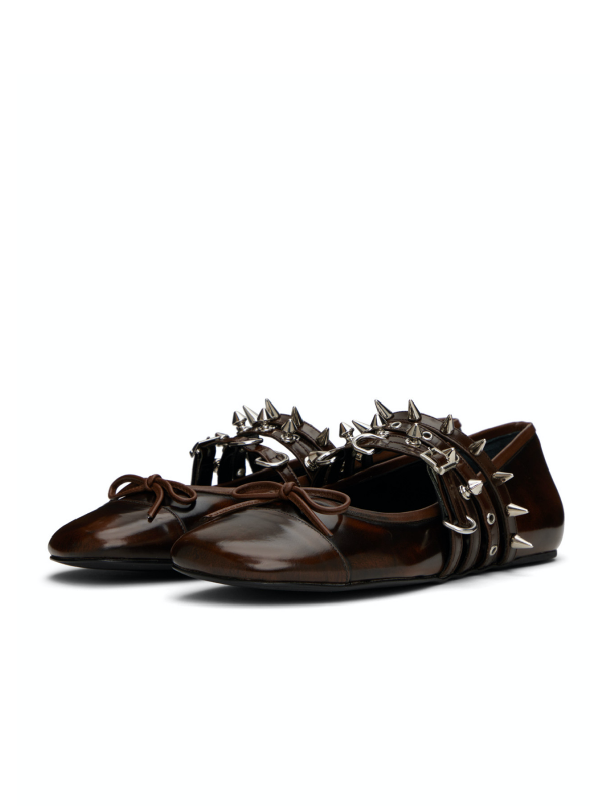 Retro Brown Bow Spike Strappy Square-Toe Ballet Flats Mary Janes