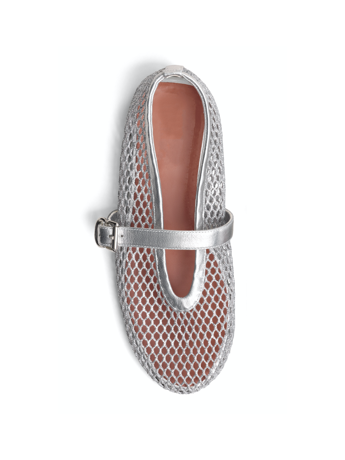 Metallic Silver Fishnet Ballet Flats Mary Janes With Buckle Strap