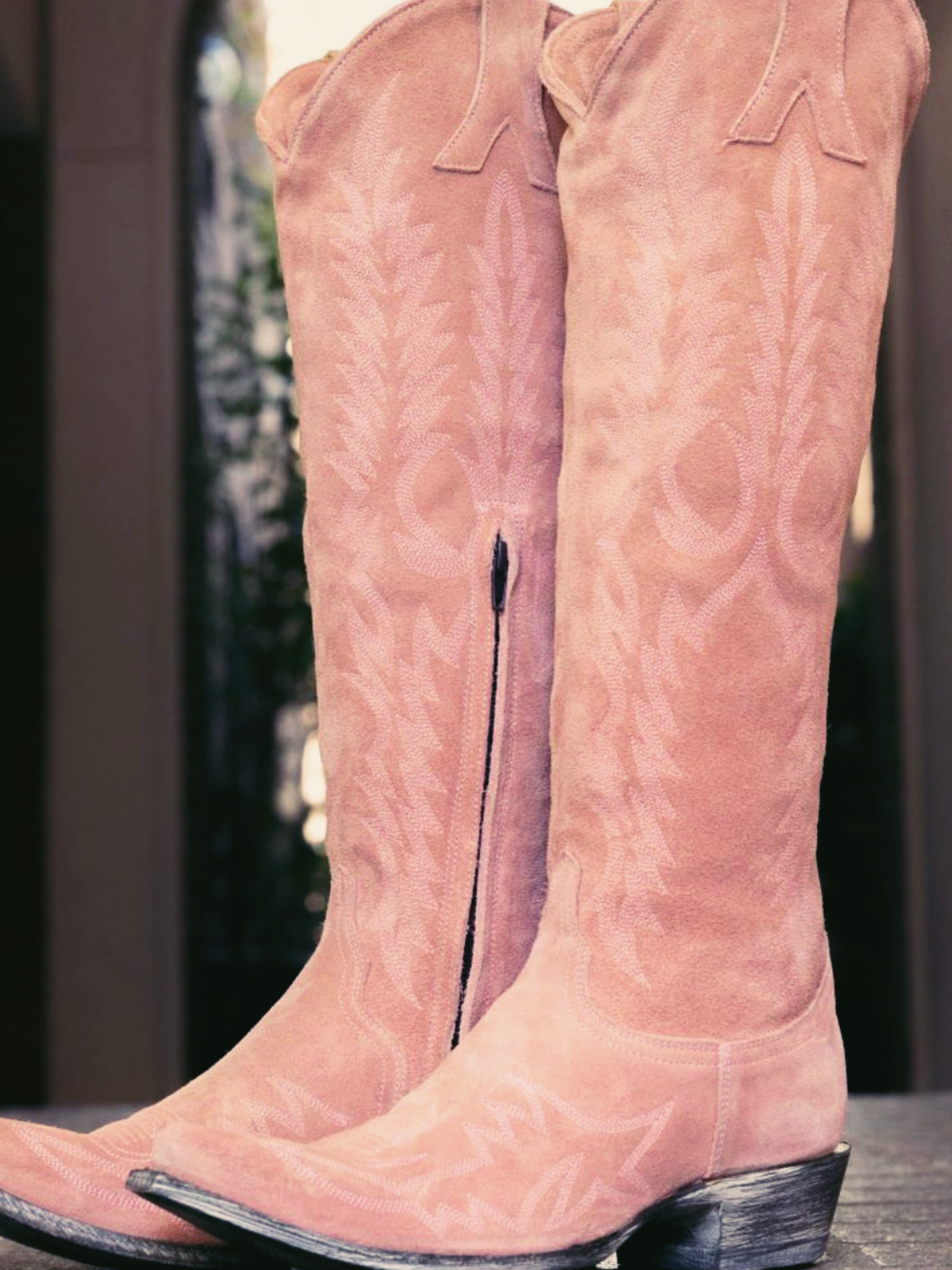 Pink Faux Suede Embroidery Half Zip Cowgirl Tall Boots Western Knee High Boots