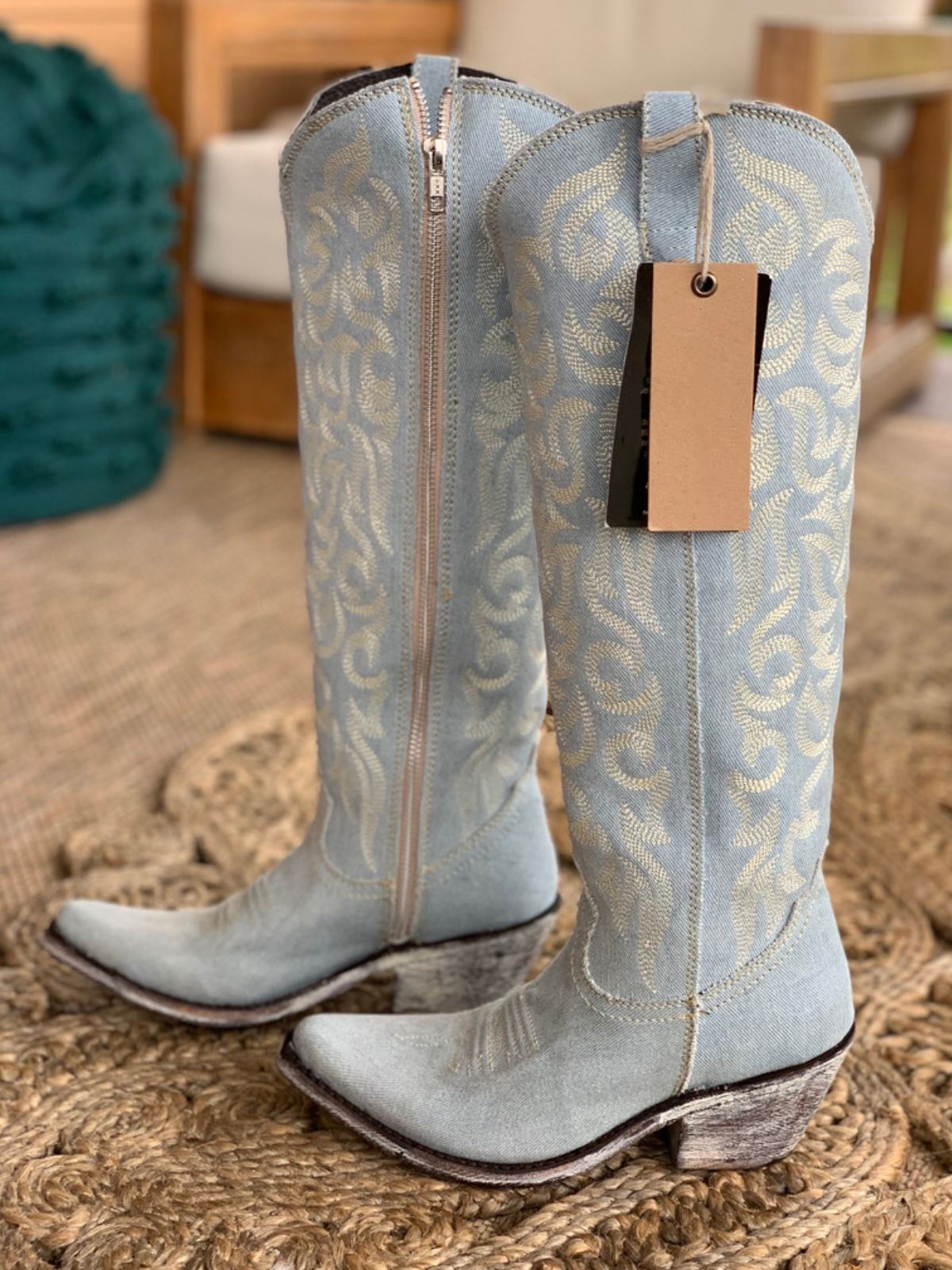 Denim Round Pointed-Toe Embroidery Full-Zip Tall Knee High Cowgirl Boots - Blue