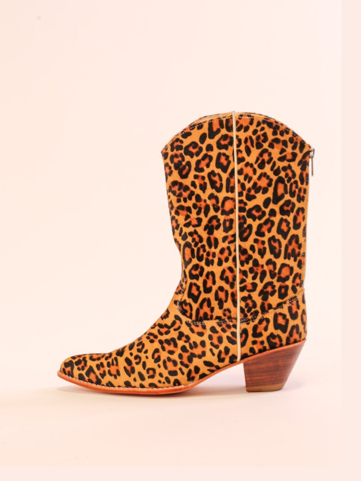 Faux Leopard Print Pony Hair Almond-Toe Back-Zip Mid Calf Cowgirl Boots