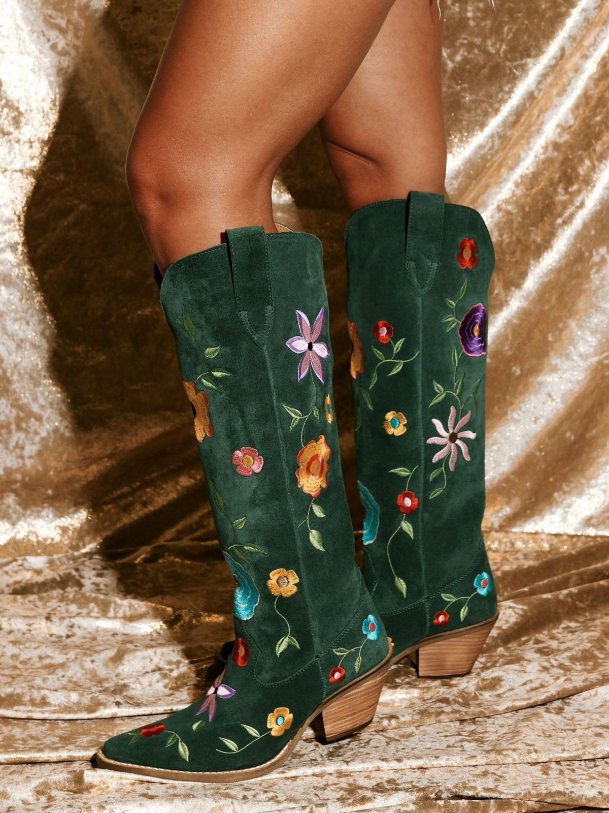 Colorful Floral Embroidery Faux Suede Snip-Toe Wide Mid Calf Cowgirl Boots - Green