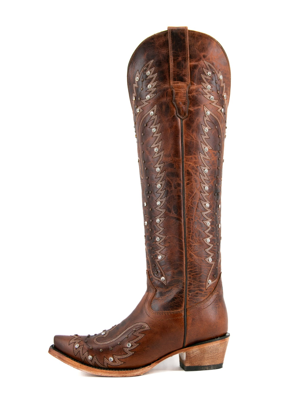 Distressed Brown Snip-Toe Studded Eagle Embroidery Half-Zip Knee High Cowgirl Boots