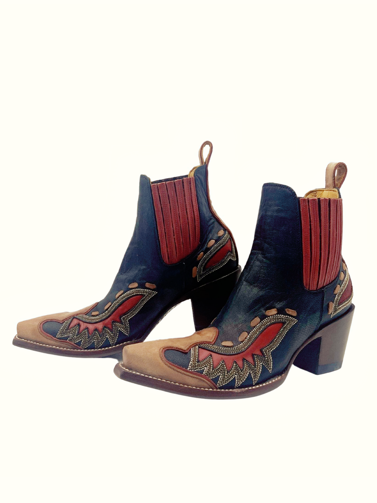 Contrast Navy And Brown Snip-Toe Running Stitch Inlay Ankle Booties ...