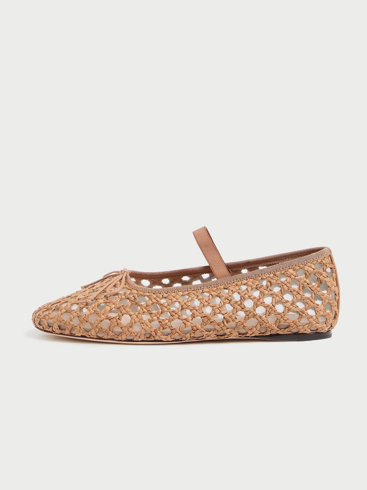 Tan Almond-Toe Straw-Woven Elastic Bridge Strap Bow Mesh Ballet Flats