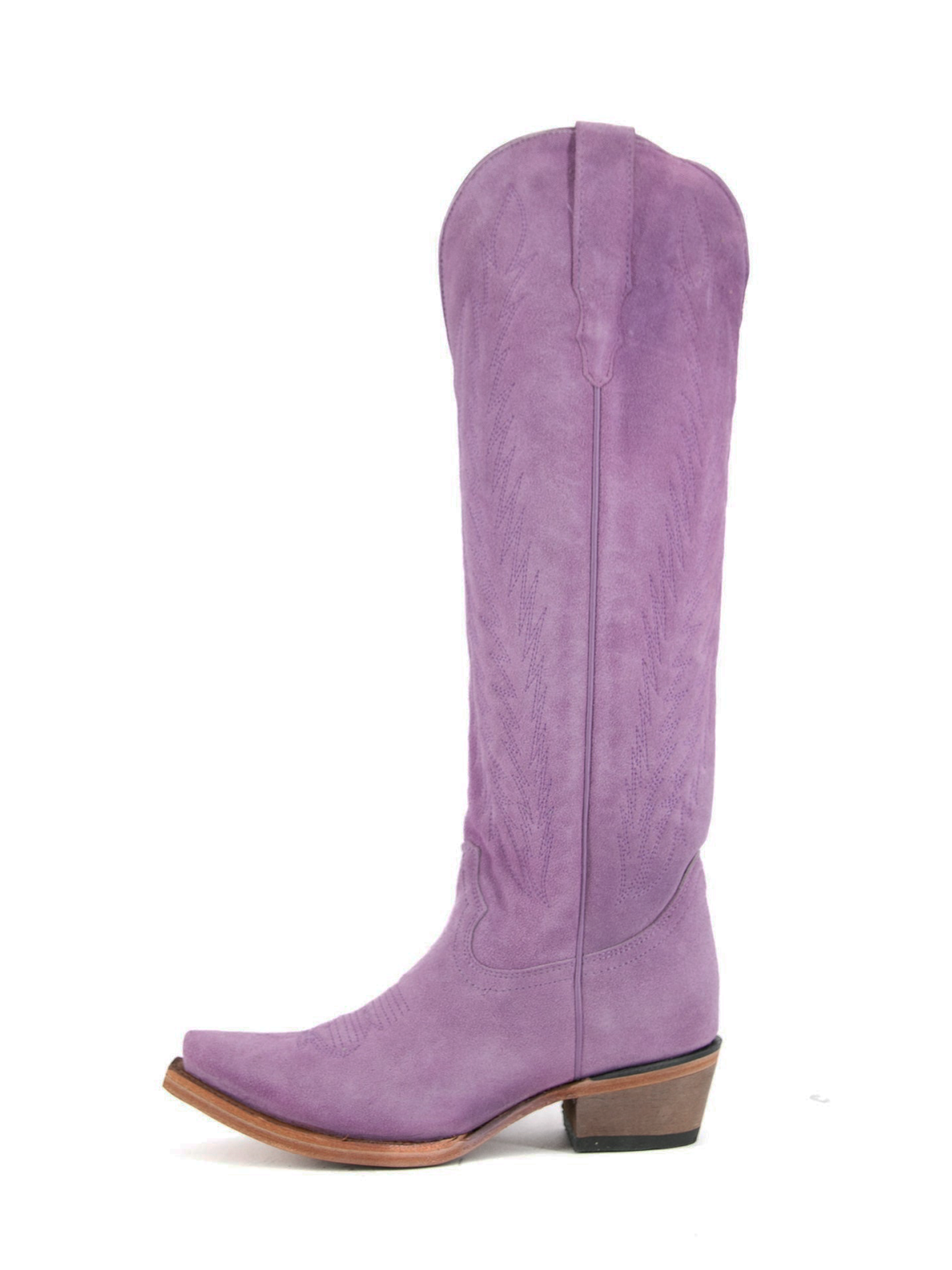 Faux Suede Snip-Toe Half-Zip Embroidery Knee High Tall Cowgirl Boots - Purple