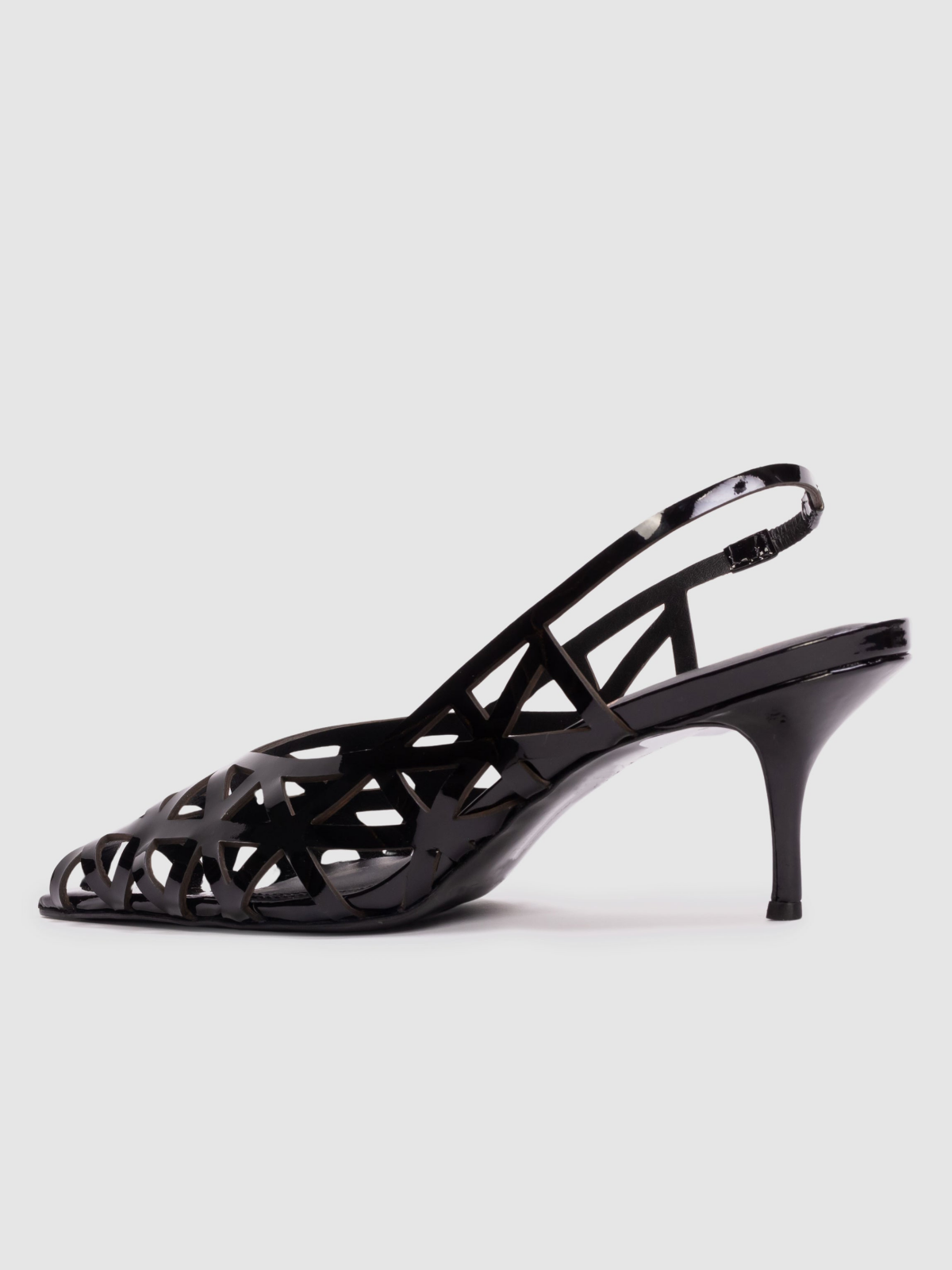 Patent Black Pointed-Toe Laser-Cut Slingback Pump Kitten Heels