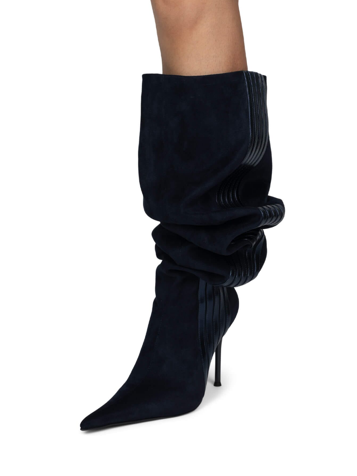 Navy Blue Pointed-Toe Slouchy Wide Calf Over-The-Knee Stiletto Boots With Metallic Stripe