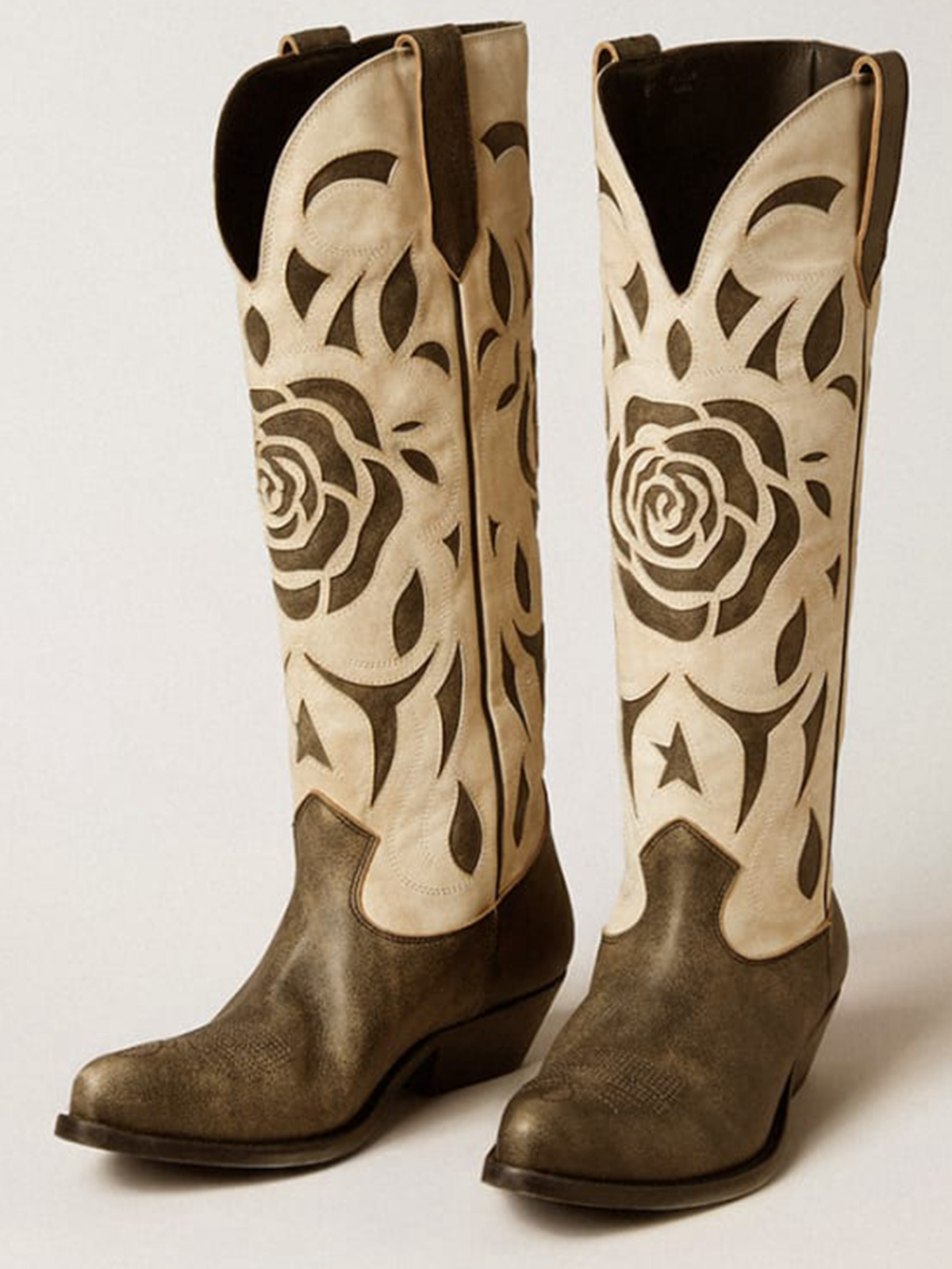 Contrast Brown And Bone Snip-Toe Rose Inlay Embroidery Wide Mid Calf Cowgirl Boots