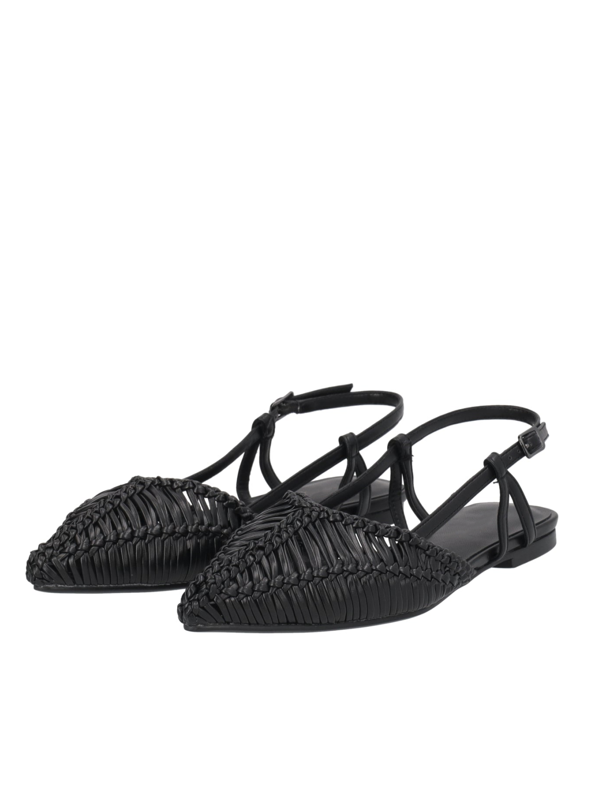 Black Woven Pointy Slingback Ballerinas Flats With Buckled Strap