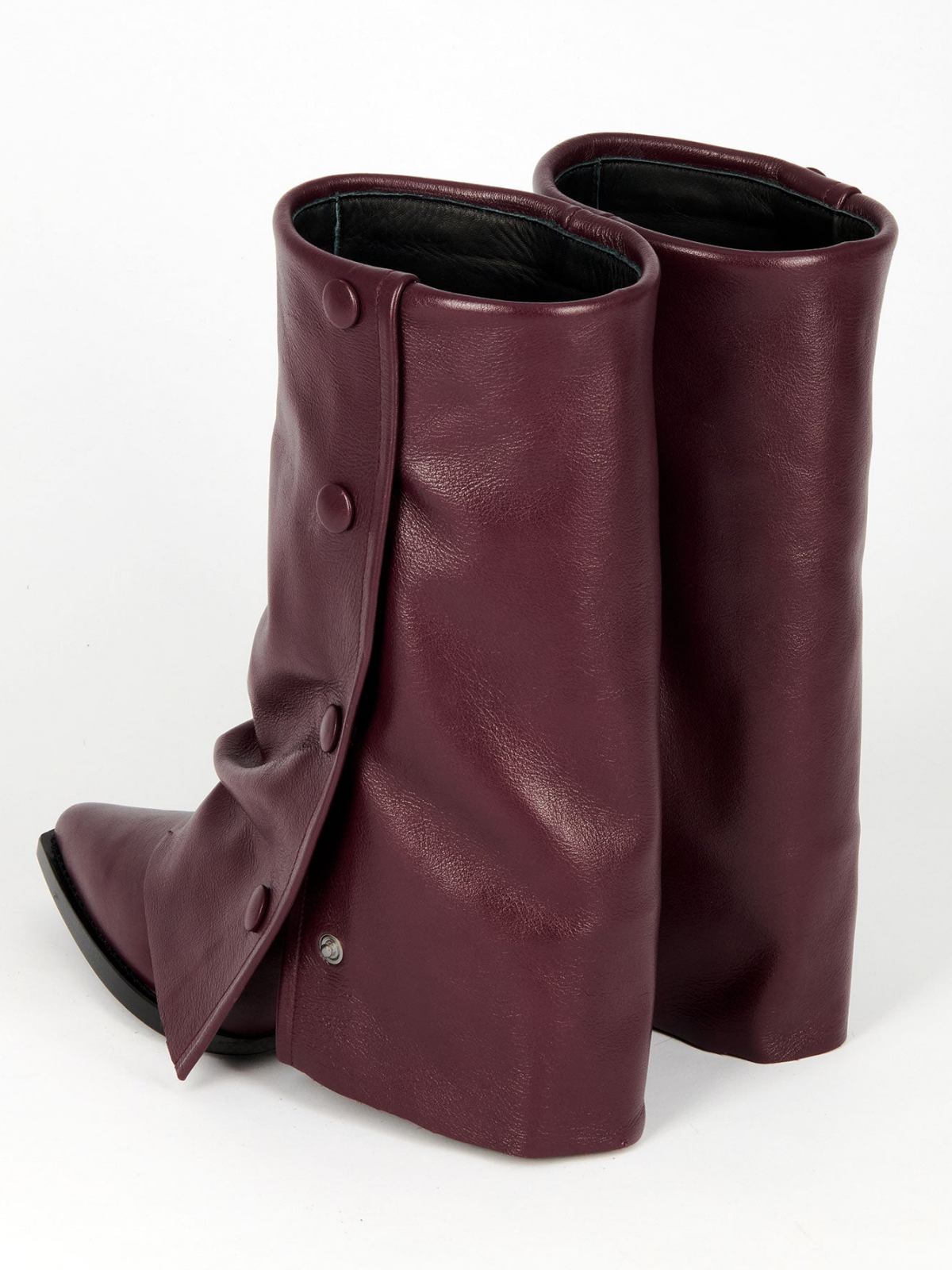 Burgundy Snip-Toe Fold-Over Snapped Panel Wide Mid Calf Boots