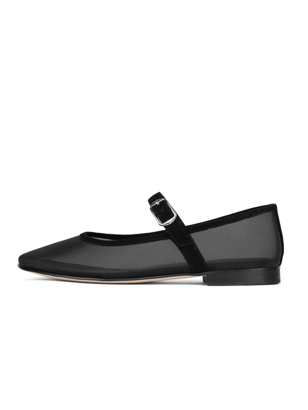 Black Mesh Mary Janes Flats With Faux Suede Buckled Strap