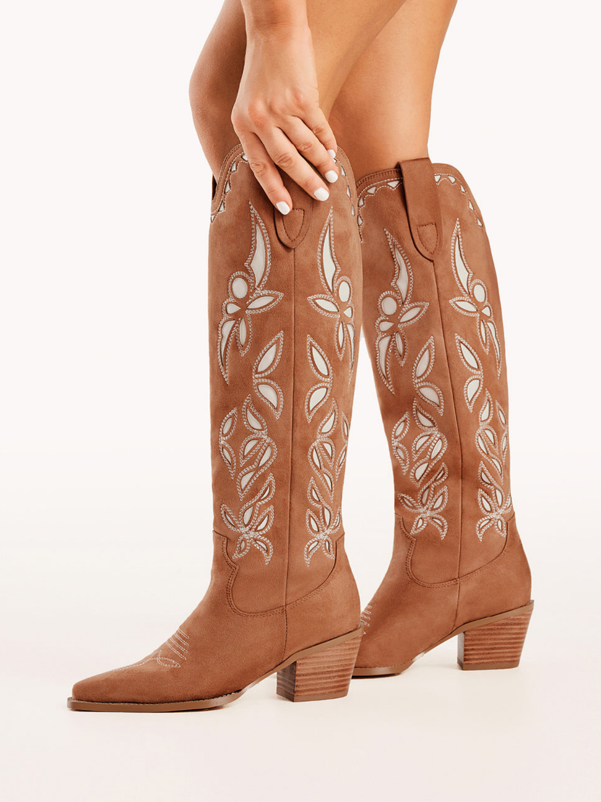 Dark Tan Faux Suede Snip-Toe Embroidery And Inlay Wide Calf Tall Knee High Cowgirl Boots