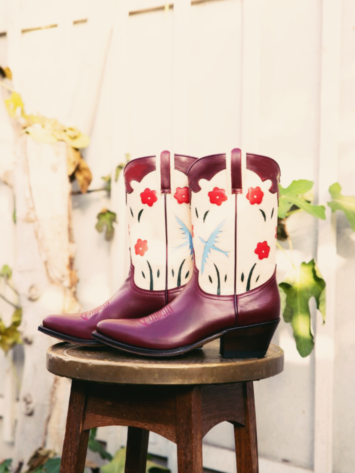 Contrast Maroon And Ivory Pointed-Toe Wide Mid Calf Cowgirl Boots With Flower Inlay