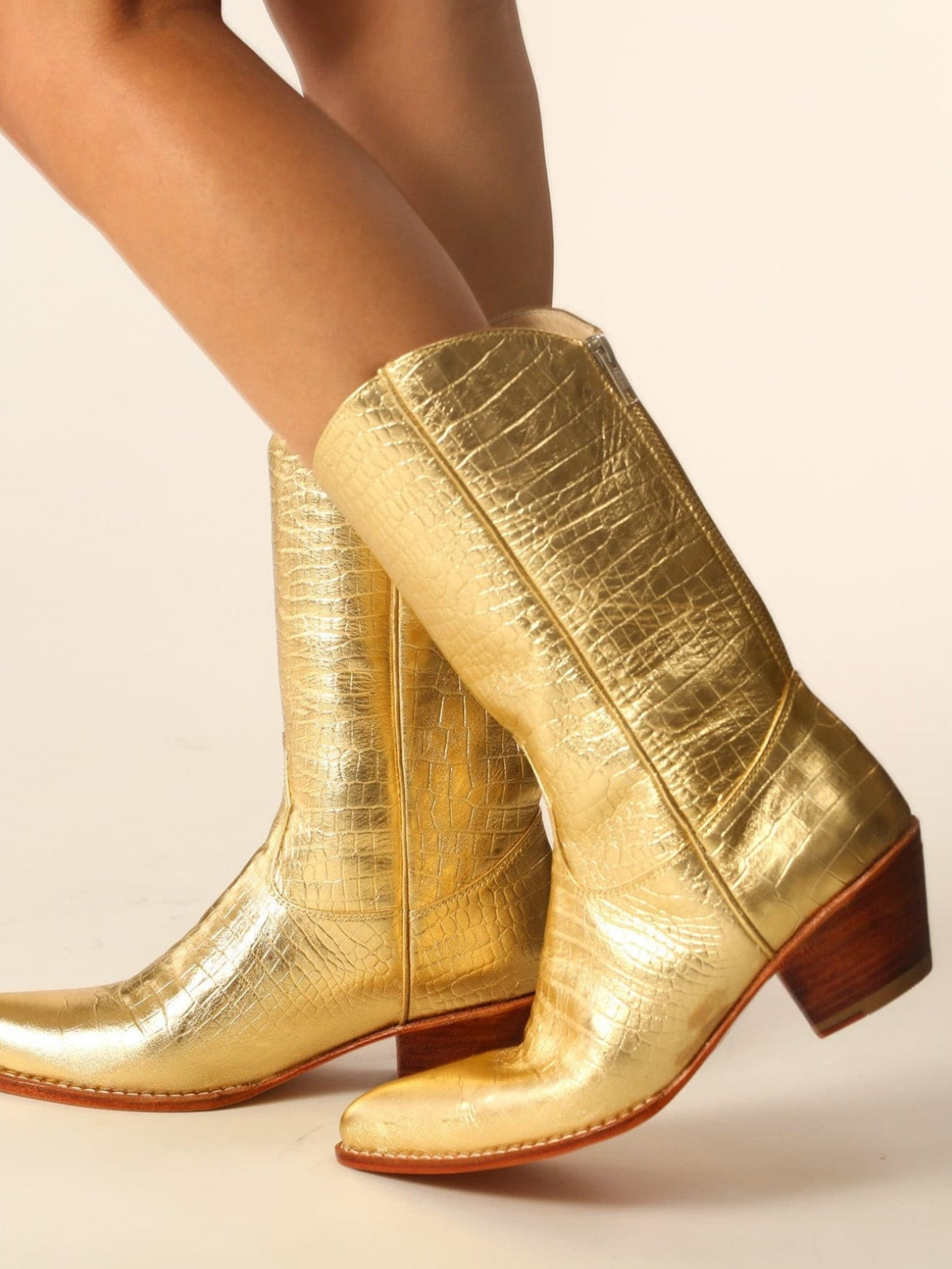 Metallic Gold Crocodile-Embossed Almond-Toe Back-Zip Mid Calf Cowgirl Boots