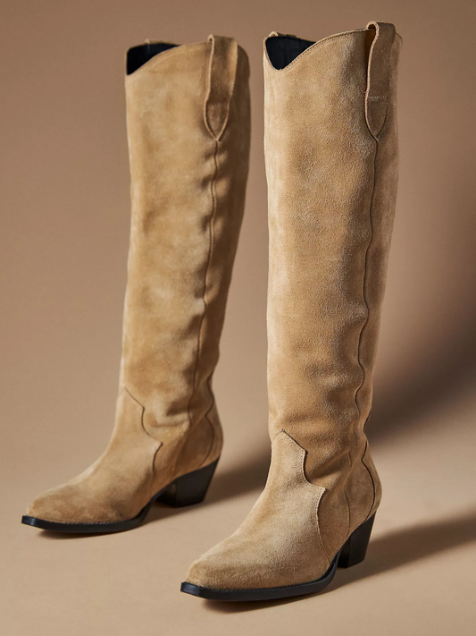 Taupe Faux Suede Almond-Toe Wide Mid Calf Western Boots For Women