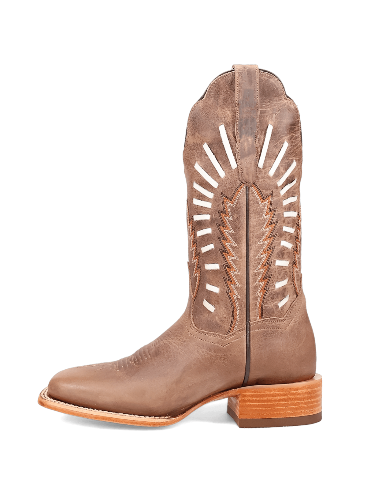 Tan Square-Toe Embroidery And Running Stitch Wide Mid Calf Cowgirl Boots