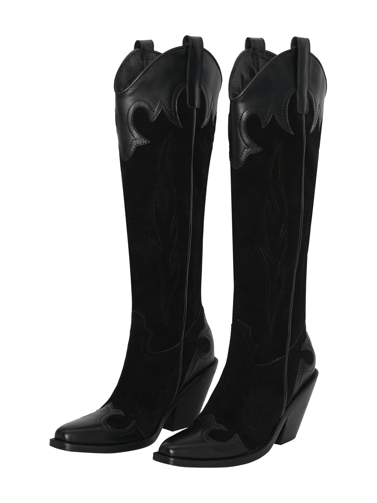 Black Faux Suede Snip-Toe Embroidery Black Applique Wide Mid Calf Cowgirl Boots