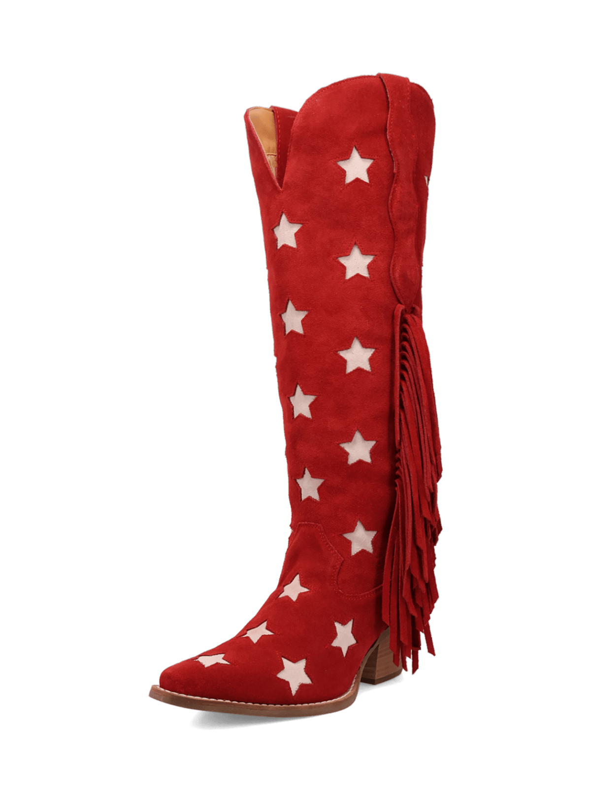 Red Faux Suede Snip-Toe Fringe Star Inlay Wide Calf Knee High Tall Cowgirl Boots