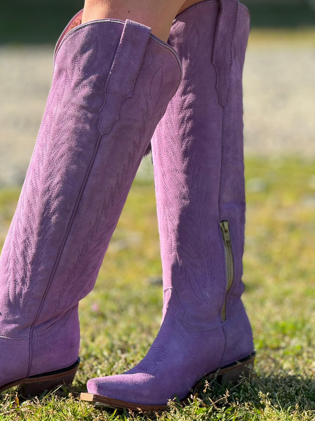 Faux Suede Snip-Toe Half-Zip Embroidery Knee High Tall Cowgirl Boots - Purple