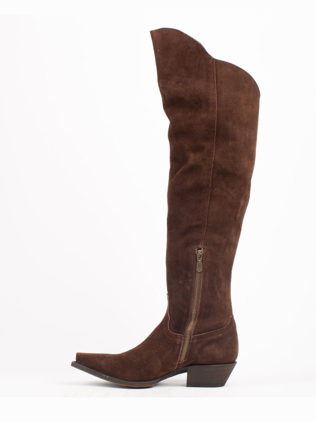 Tobacco Faux Suede Snip-Toe Scalloped Top Half-Zip Tall Knee High Cowgirl Boots