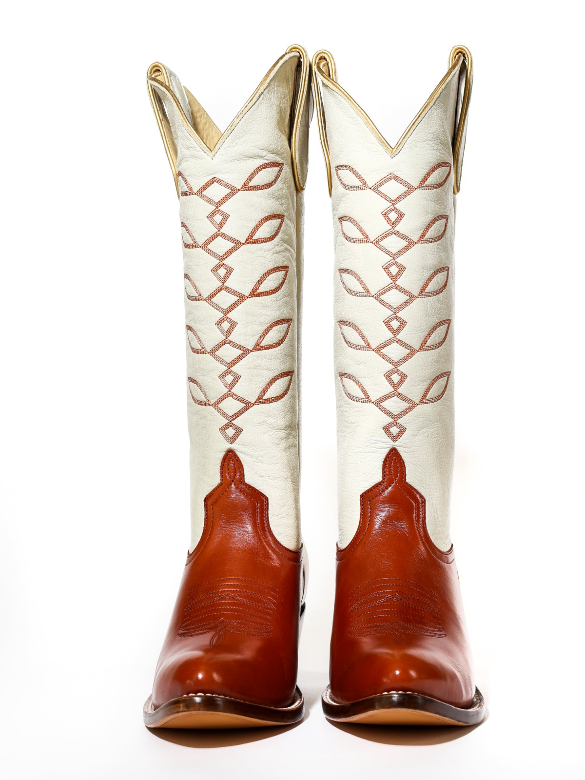 Contrast Cream And Burnt Orange Almond-Toe Embroidery Wide Mid Calf Tall Cowgirl Boots