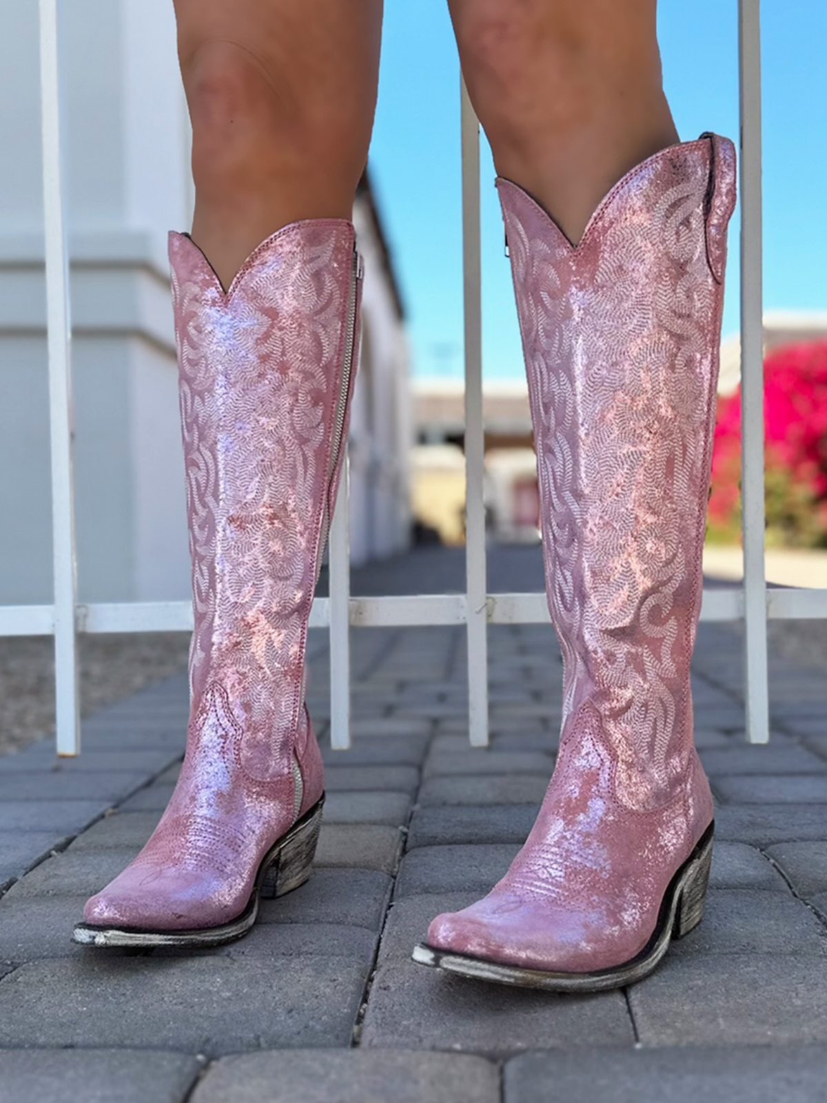 Distressed Metallic Round Pointed-Toe Embroidery Full-Zip Tall Knee High Cowgirl Boots - Pink