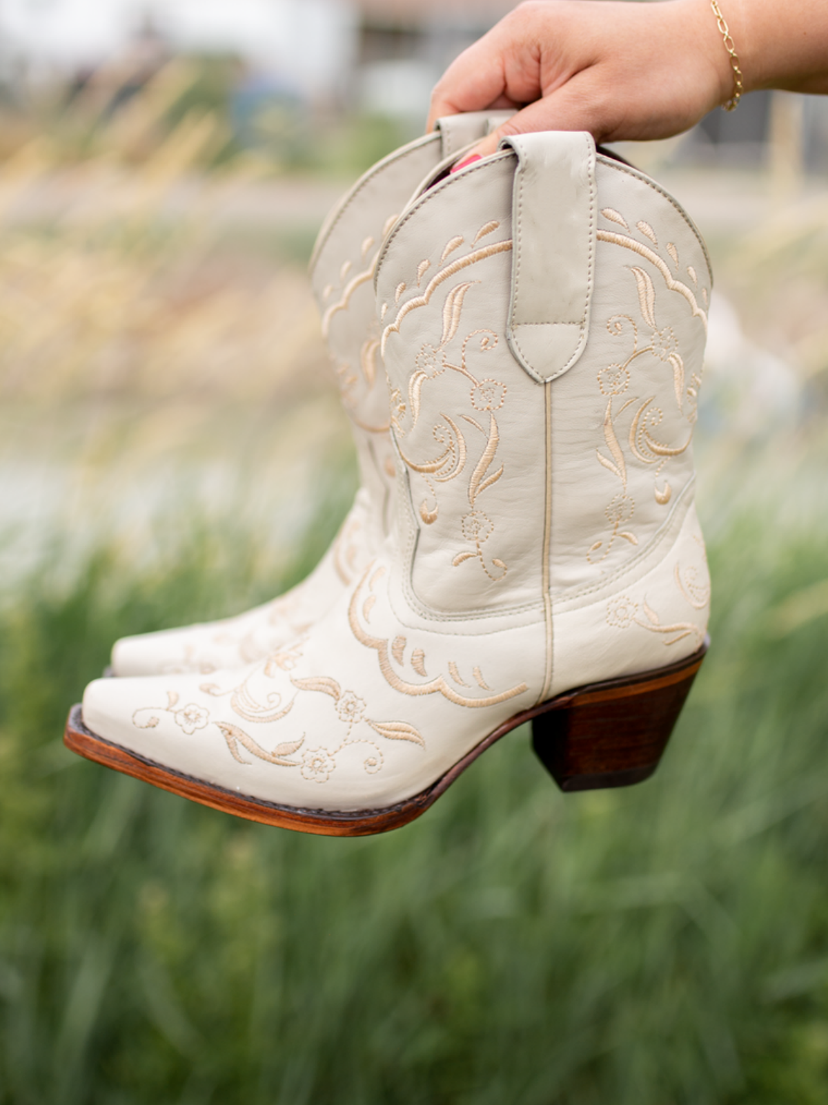 Bone Snip-Toe Floral Embroidery Wide Mid Calf Western Boots For Women