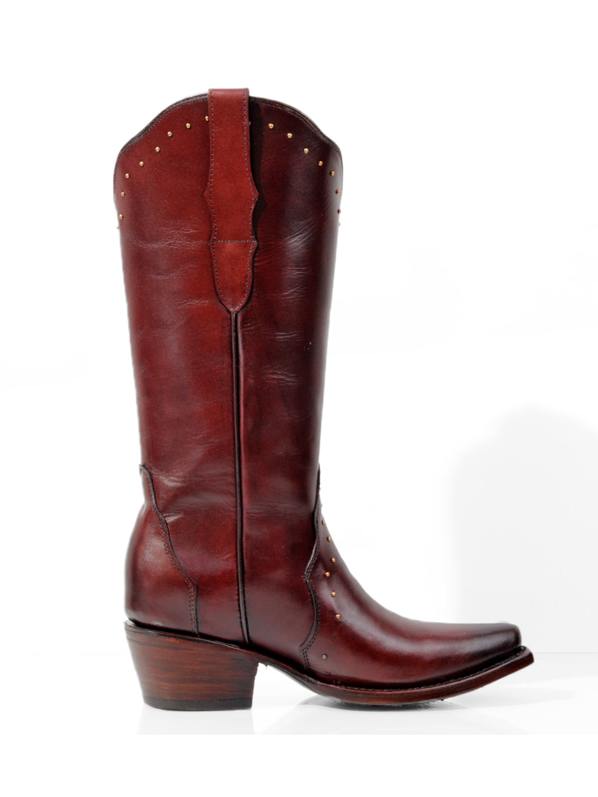 Wine Red Snip-Toe Gold Studded Wide Mid Calf Tall Cowgirl Boots