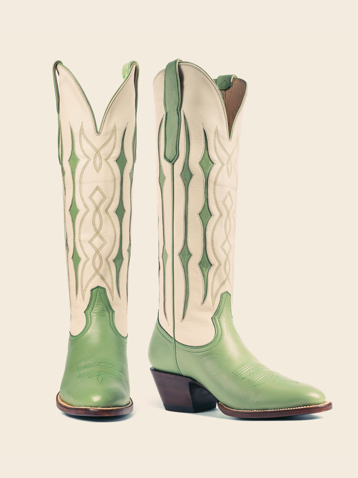 Green Contrast Inlay Stitch Almond-Toe Wide Mid Calf Western Cowgirl Boots