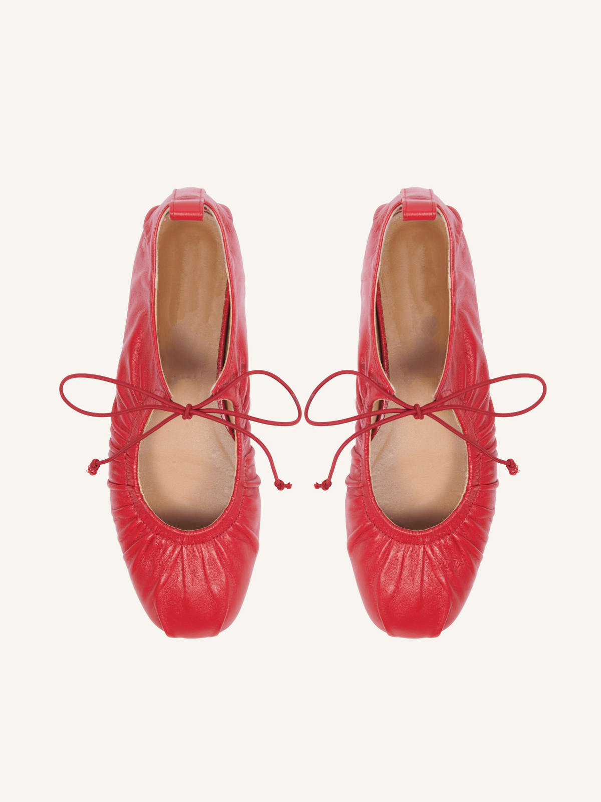 Red Tied Bow Shirring Round Toe Ballet Flats