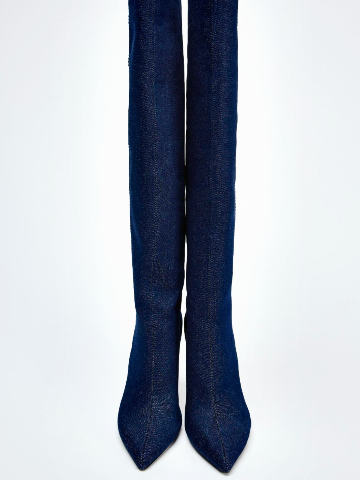 Blue Denim Pointed-Toe Wide Mid Calf Stiletto Boots