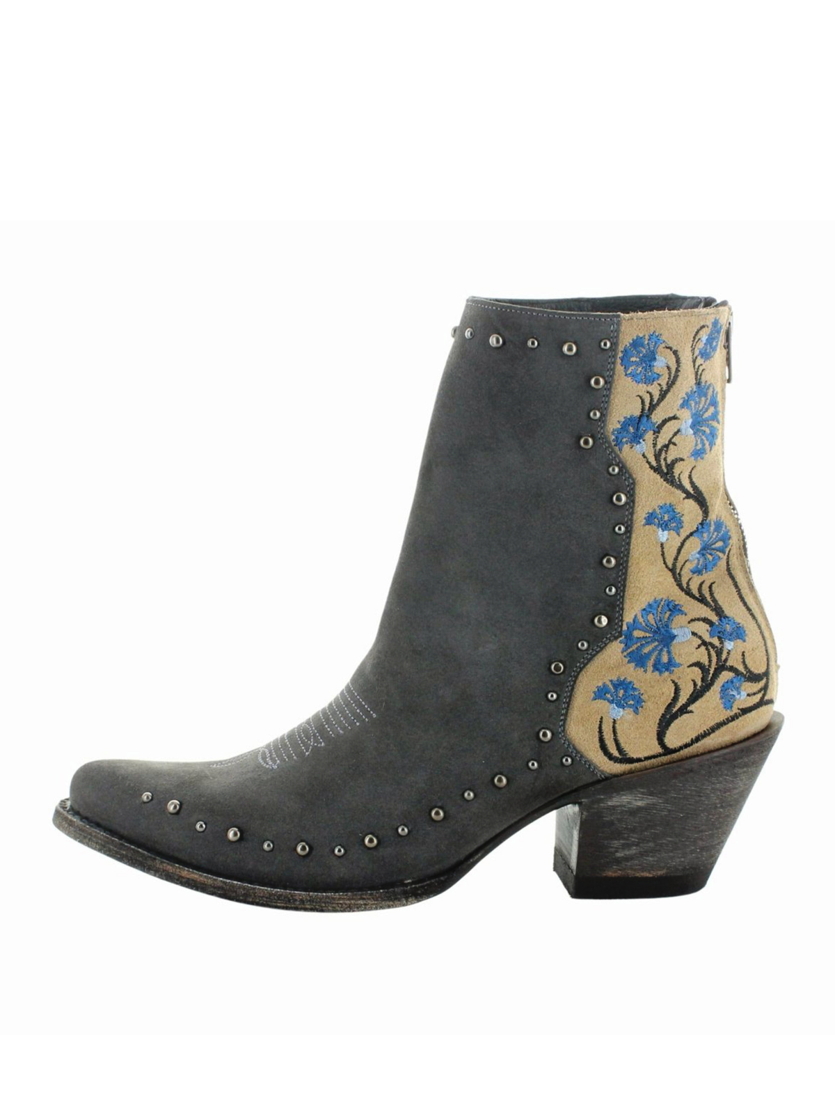 Contrast Dark Gray Faux Suede And Beige With Floral Embroidery Studded Wide Mid Calf Cowgirl Boots