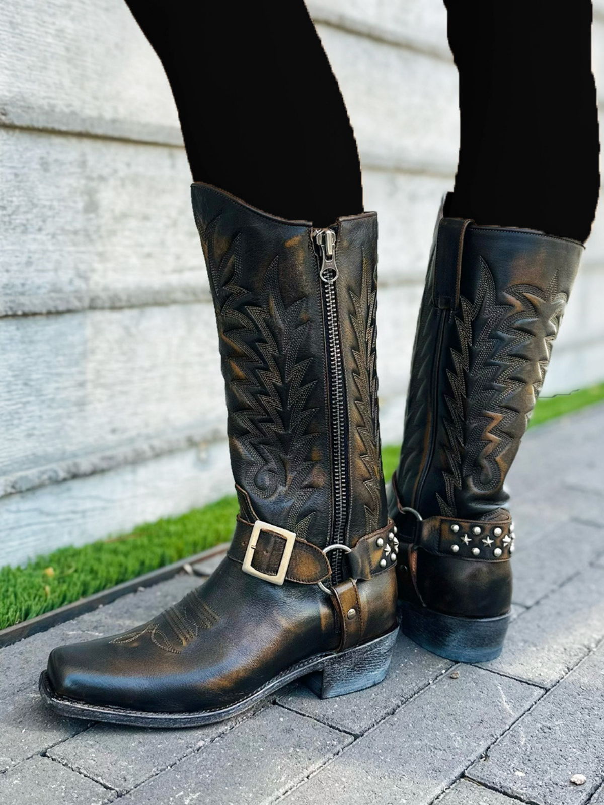 Dark Brown Square-Toe Full-Zip Studded Buckle Mid Calf Cowgirl Boots