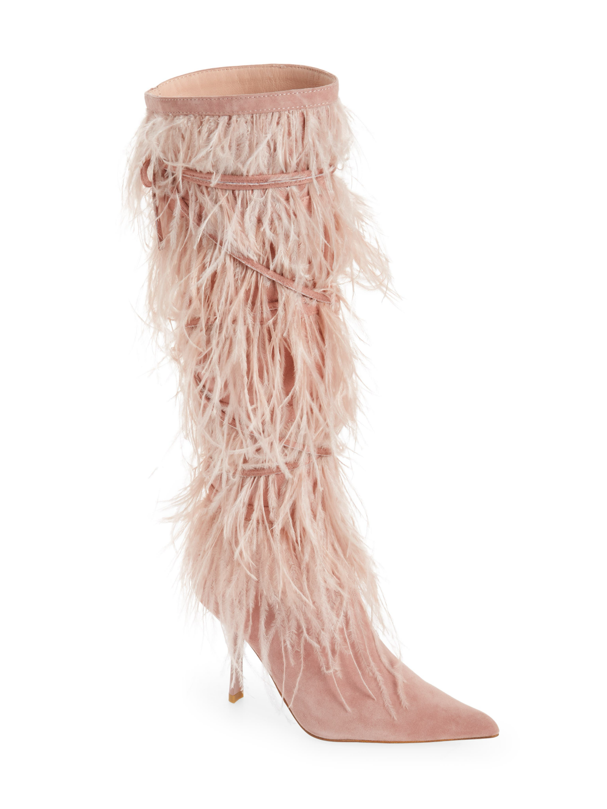 Faux Suede Pointed-Toe Faux Feather Wide Mid Calf Stiletto Boots - Pink