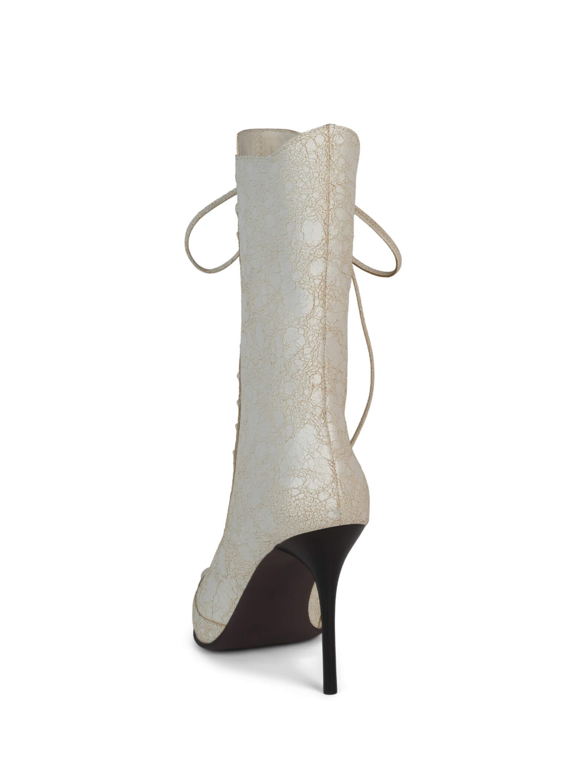 Distressed Cream Pointed-Toe Full-Zip Lace-Up Mid Calf Stiletto Boots