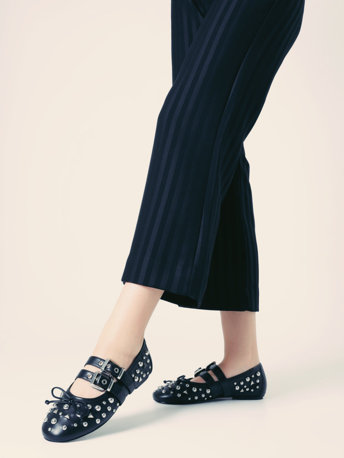 Black Bow Studded Ballet Flats Mary Janes With Grommet Buckled Strap