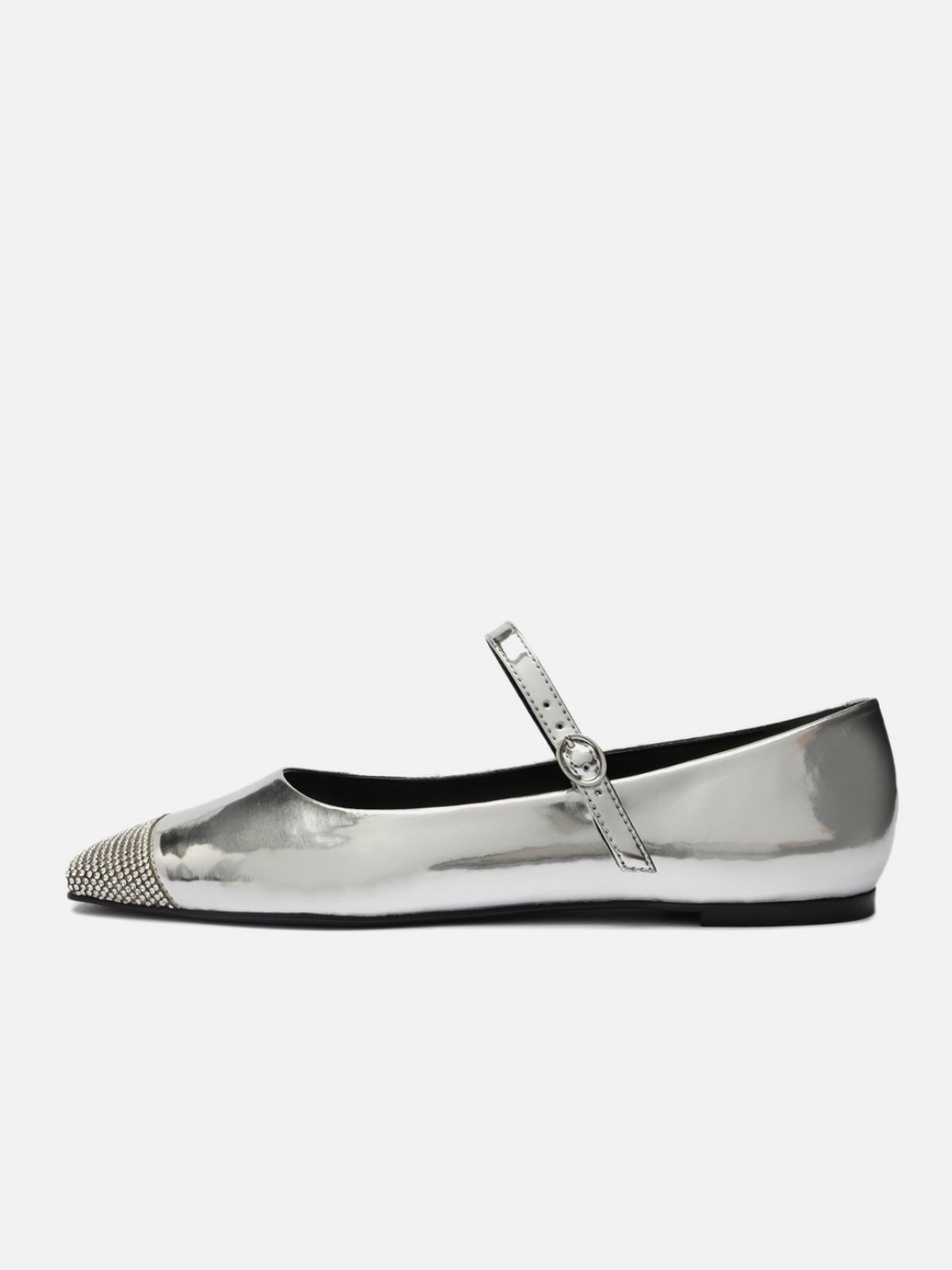 Metallic Silver Sparkle Rhinestone Square-Toe Mary-Jane Flats