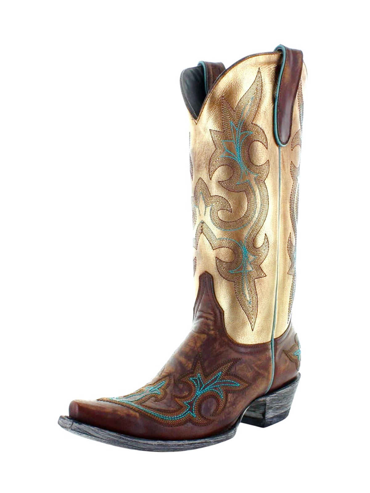 Contrast Distressed Brown And Metallic Gold Snip-Toe Embroidery Wide Mid Calf Tall Cowgirl Boots