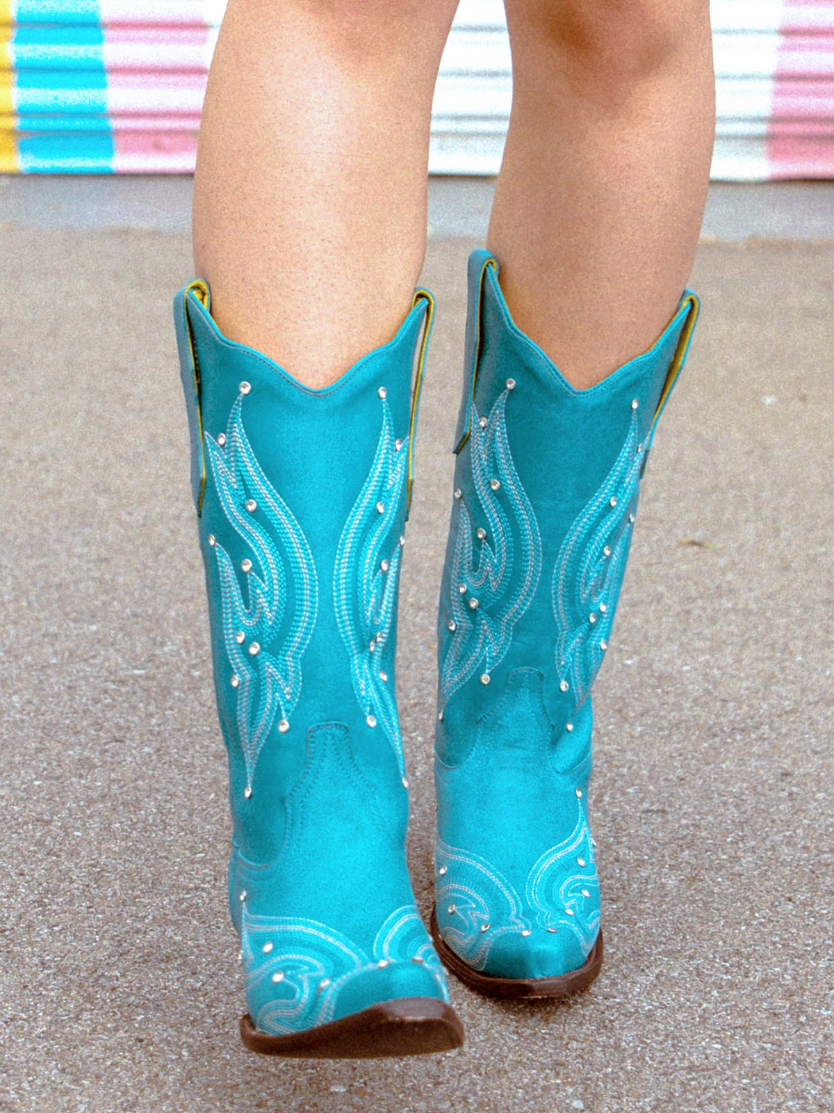 Rhinestone Embroidery Snip-Toe Wide Mid Calf Tall Cowgirl Boots - Turquoise