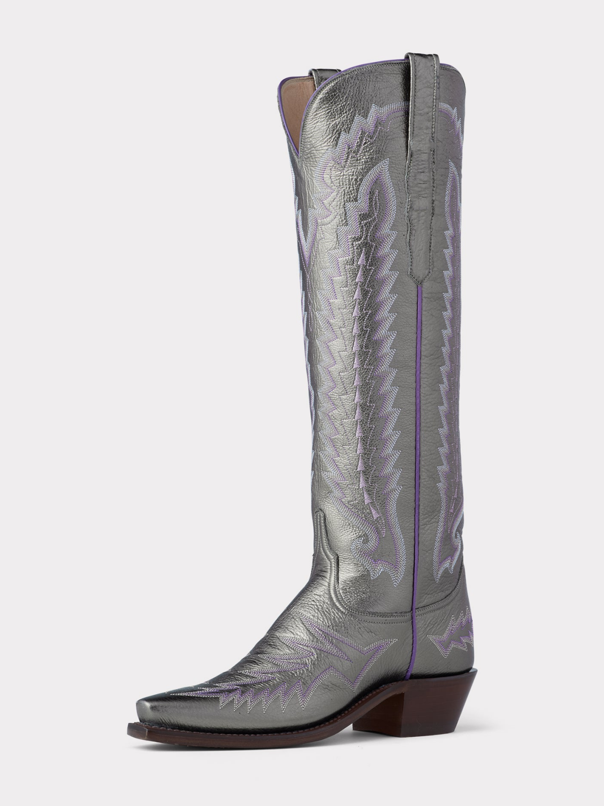 Metallic Pewter Snip-Toe Embroidery Wide Calf Tall Knee High Cowgirl Boots