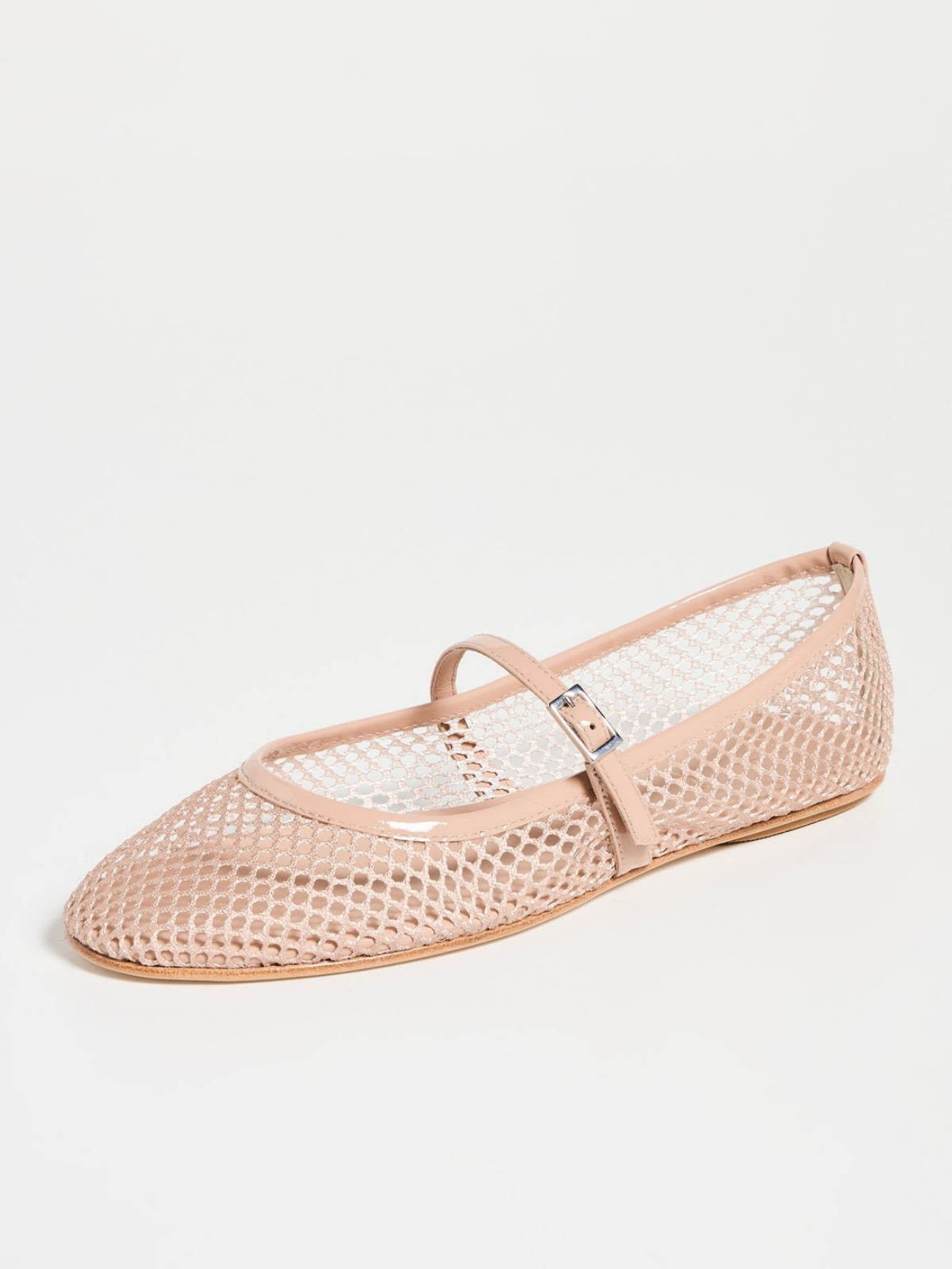 Blush Beige Fishnet Ballet Flats Mary Janes With Thin Buckle Strap